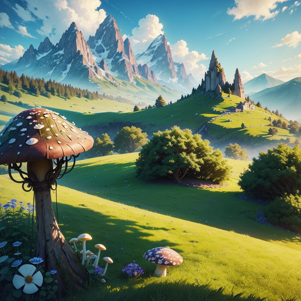 ((best quality)) , ((masterpiece)) , (detailed),flower, outdoors, horns, sky, day, blue sky, no humans, glowing, grass, plant, mountain, fantasy, vines, mushroom