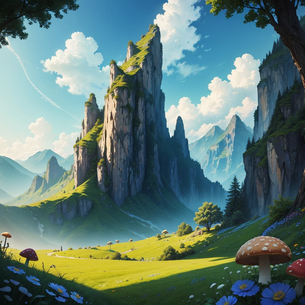 ((best quality)) , ((masterpiece)) , (detailed),flower, outdoors, horns, sky, day, blue sky, no humans, glowing, grass, plant, mountain, fantasy, vines, mushroom