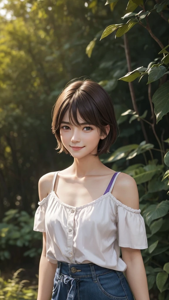 A delicate depiction focusing on a close-up of a smiling face、Don't depict anything other than the face.、"A single female character in a medieval style. She has short, shoulder-length hair. She has a youthful appearance, looking like she is in her late s, but is in fact 30 years old. She has a bright, lively attitude, with an energetic, cheerful expression. Her face has an androgynous feel, almost boyish, with soft, youthful features. Her hair is short and practical, with a natural brown color, with high detailed of purple eyes reflexively and features, she is slender, with a small chest and short stature. Her outfit is practical and resembles that of a country boy, consisting of navy blue shorts and a simple purple shirt, in a natural earth color palette. The background should be a lush, forested landscape. The background should be strongly blurred."