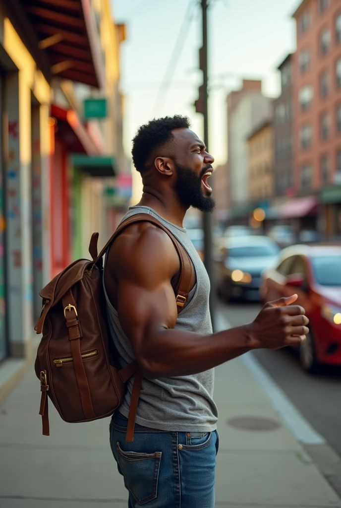Muscular man of color cursing at public transportation