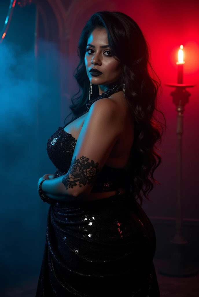 Looks like Aparna Dixit, full body Closeup shot, Big chubby aunty, milf, cougar lady witch, horny Gothic milf, 45 years old gorgeous mature lady, pervert demoness, demoness of lust, curvy, black lips, horny face, extremely gorgeous, thick figure, heavy physique, voluptuous, curvy, sexy figure, Fashionable portrait of androgynous alien looking witch wearing veil, glowing eyes, futuristic design, minimal details, givenchy, photoreal, 200mm, hd, f/ 2.0, highly detailed, surreal, sexy beautiful evil woman, sexy bold sequin Saree with strapless Bra, chudail, Pishachini, horror genre, blood-thirsty enchantress, powerful female spirit, eerie, drop dead, in the style of red and blue, (intricate details, hyperdetailed:1.15) (skin texture:1.2), dark Moody tone, cinematic lighting, haunted place in background,