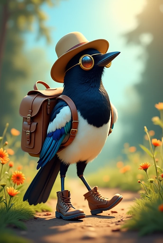 Une pie qui porte des bottes, un chapeau d'explorateur, un baluchon et des lunettes de soleil