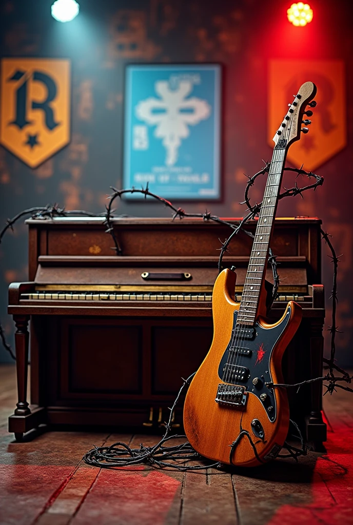 Piano, guitar, organic barbed wire, rock band logo