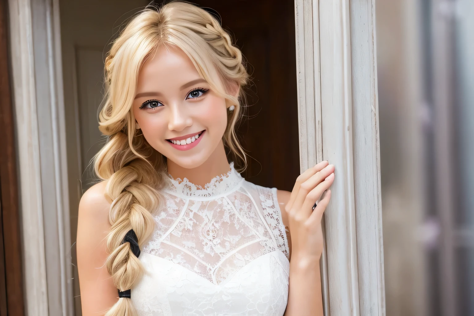 A blonde woman with a beaming smile, A shy smile, smileing nright, Cute Hairstyles,  A shy smile, Curly blonde hair, Braid, Gal, White women, Black lace dress