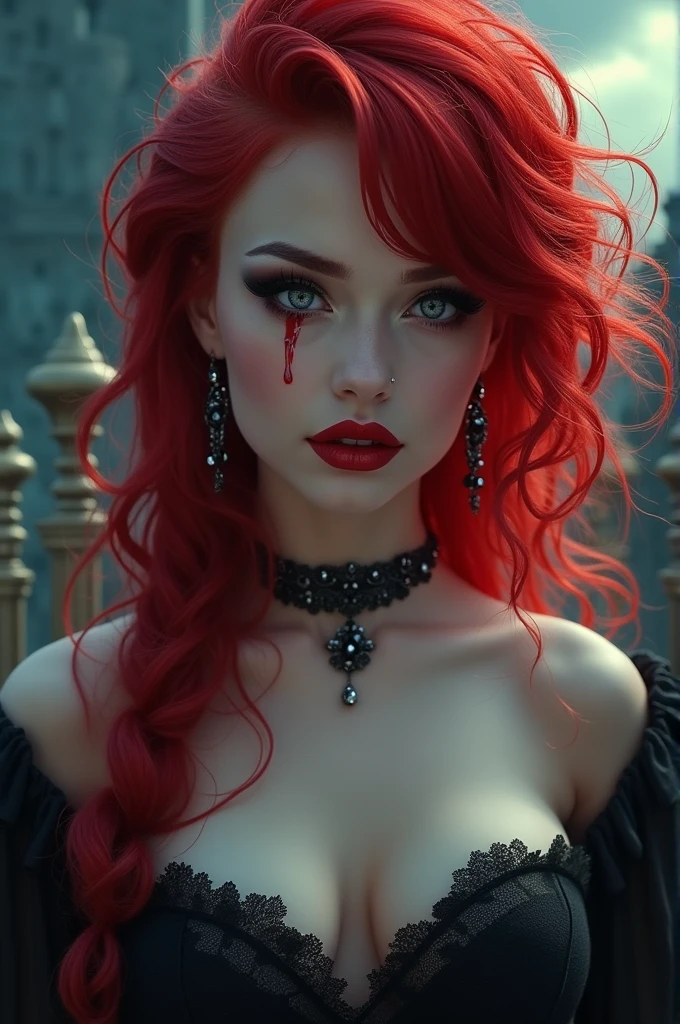 aa portrait of vampire with a bloody tear coming down from he eye, an exotic beautiful female vampire, red hair color, dynamic hair style, ultra detailed face, best detailed face, silver eye color, ((1single red teardrop: 1.3)), ((tear drop made from blood)), ((teardrop coming down from the eye: 1.3)), small cleavage, wearing two black diamond earrings, Ultra-high resolution, High Contrast, (masterpiece:1.5), highest quality, Best aesthetics), 16K fantasy art, best details, best quality, highres, (ultra wide angle: 1.2), 16k, [ultra detailed], masterpiece, best quality, (extremely detailed), ladyshadow, magical sky, crying style, vampire teeth