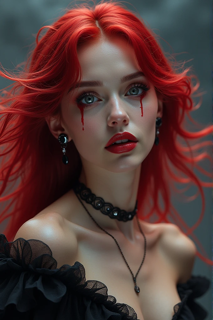 aa portrait of vampire with a bloody tear coming down from he eye, an exotic beautiful female vampire, red hair color, dynamic hair style, ultra detailed face, best detailed face, silver eye color, ((1single red teardrop: 1.3)), ((tear drop made from blood)), ((teardrop coming down from the eye: 1.3)), small cleavage, wearing two black diamond earrings, Ultra-high resolution, High Contrast, (masterpiece:1.5), highest quality, Best aesthetics), 16K fantasy art, best details, best quality, highres, (ultra wide angle: 1.2), 16k, [ultra detailed], masterpiece, best quality, (extremely detailed), ladyshadow, magical sky, crying style, vampire teeth