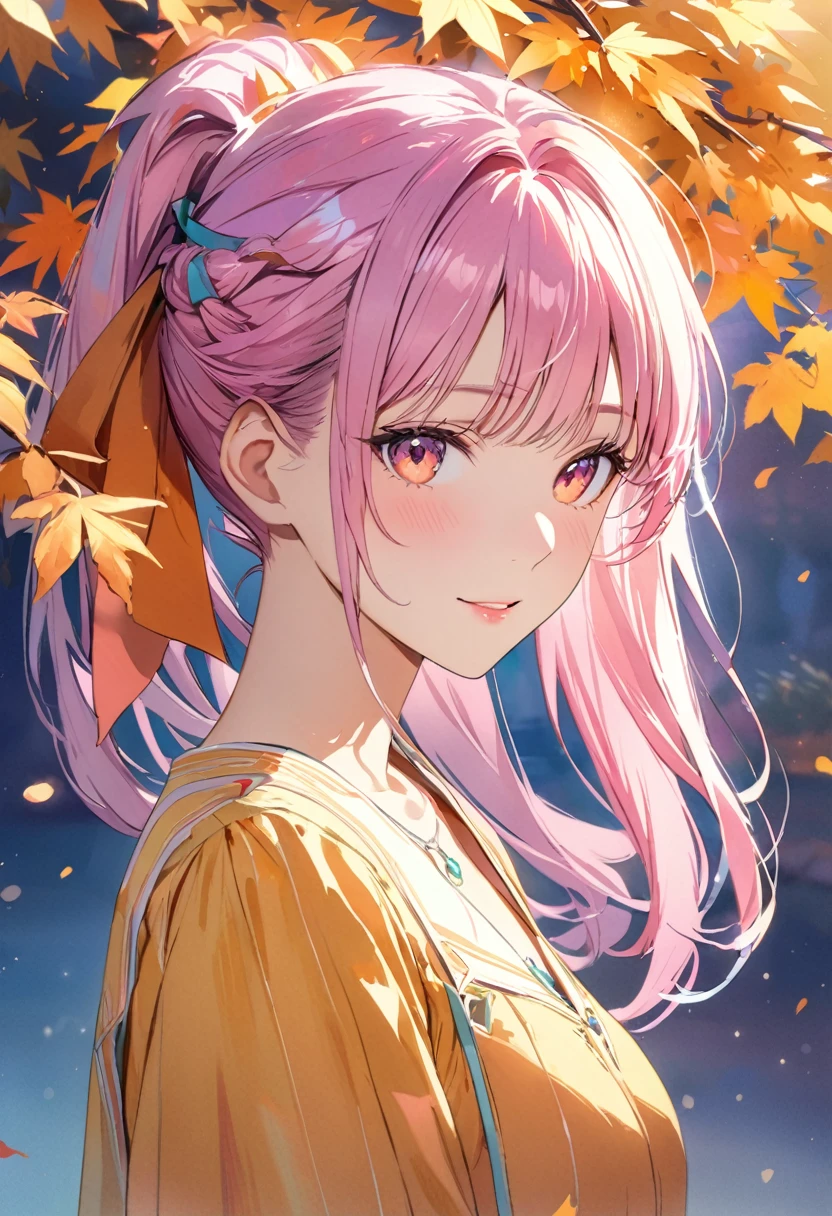 (8K, Highest quality, masterpiece:1.2),(Highest quality:1.0), (Ultra-high resolution:1.0), watercolor, Beautiful woman, shoulder, Hair Ribbon, Agnes Cecil, Half Body Portrait, Very bright and luminous design, pastel colour, (ink:1.3), Autumn Light,