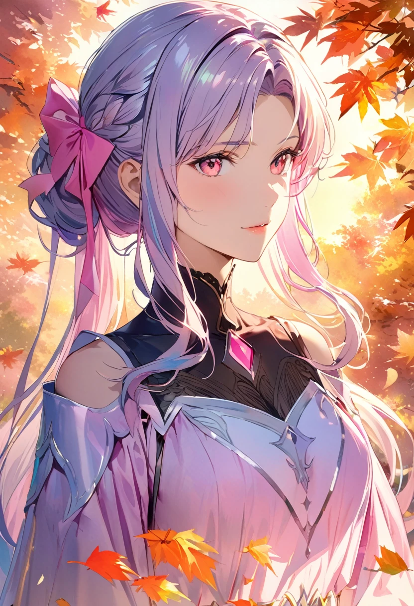 (8K, Highest quality, masterpiece:1.2),(Highest quality:1.0), (Ultra-high resolution:1.0), watercolor, Beautiful woman, shoulder, Hair Ribbon, Agnes Cecil, Half Body Portrait, Very bright and luminous design, pastel colour, (ink:1.3), Autumn Light,