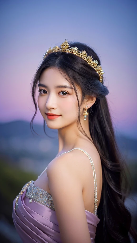 "A serene and ethereal goddess with long, flowing black hair that shines like silk under the moonlight. She exudes an aura of purity and grace, embodying a sense of quiet elegance. She is dressed in a well-fitted, structured dress that fully conceals her upper body, including her shoulders, emphasizing her regal and composed demeanor. The dress is simple yet sophisticated, reflecting her modesty and inner strength. Atop her head rests a delicate crown made of intertwined gold and silver, adorned with small, glowing gems that resemble stars. The image focuses on her upper body, with the goddess facing directly forward, a gentle and warm smile gracing her lips. The background is a tranquil, twilight landscape with soft hues of blue and purple, highlighting her divine presence."