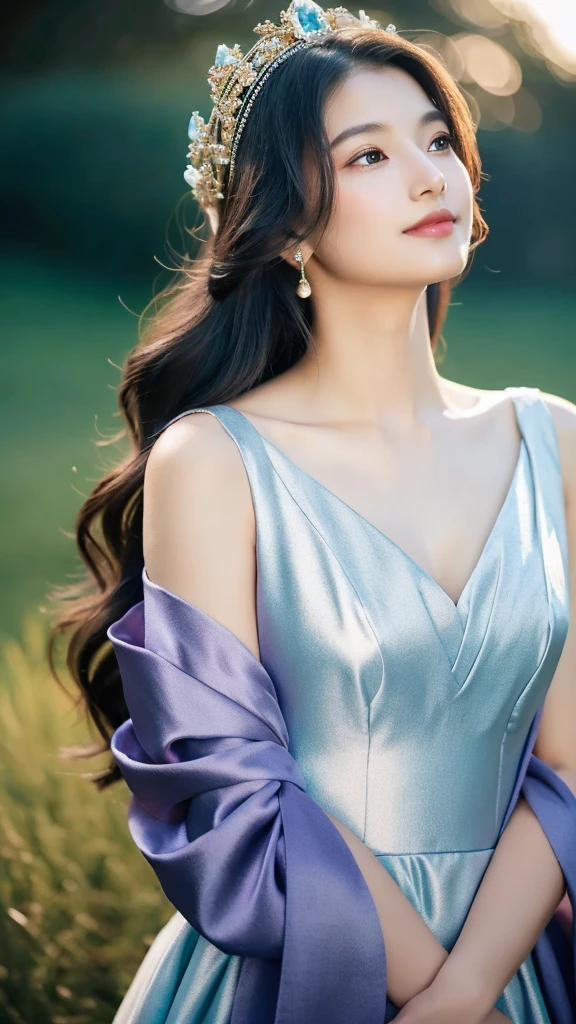 "A serene and ethereal goddess with long, flowing black hair that shines like silk under the moonlight. She exudes an aura of purity and grace, embodying a sense of quiet elegance. She is dressed in a well-fitted, structured dress that fully conceals her upper body, including her shoulders, emphasizing her regal and composed demeanor. The dress is simple yet sophisticated, reflecting her modesty and inner strength. Atop her head rests a delicate crown made of intertwined gold and silver, adorned with small, glowing gems that resemble stars. The image focuses on her upper body, with the goddess facing directly forward, a gentle and warm smile gracing her lips. The background is a tranquil, twilight landscape with soft hues of blue and purple, highlighting her divine presence."