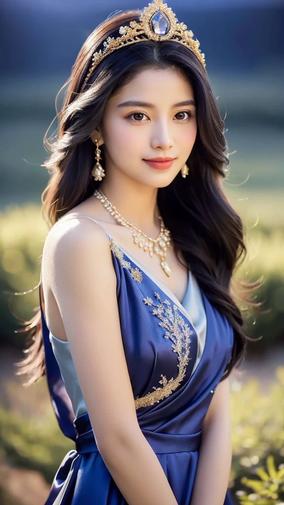 "A serene and ethereal goddess with long, flowing black hair that shines like silk under the moonlight. She exudes an aura of purity and grace, embodying a sense of quiet elegance. She is dressed in a well-fitted, structured dress that fully conceals her upper body, including her shoulders, emphasizing her regal and composed demeanor. The dress is simple yet sophisticated, reflecting her modesty and inner strength. Atop her head rests a delicate crown made of intertwined gold and silver, adorned with small, glowing gems that resemble stars. The image focuses on her upper body, with the goddess facing directly forward, a gentle and warm smile gracing her lips. The background is a tranquil, twilight landscape with soft hues of blue and purple, highlighting her divine presence."