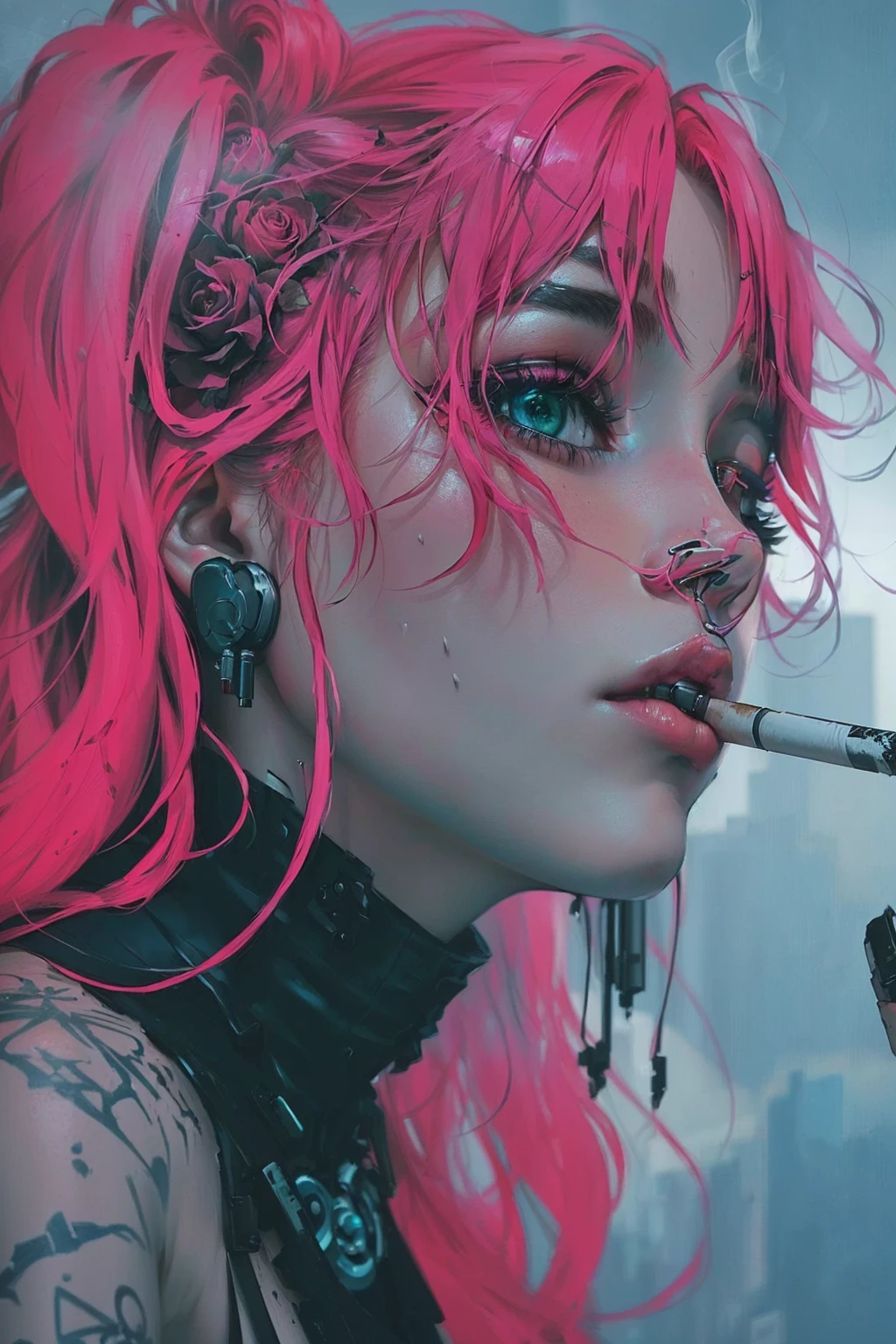 peinture d'une femme aux cheveux roses fumant une cigarette, art cyberpunk style, art sur le thème du cyberpunk, art cyberpunk, art animé cyberpunk, ambiance cyberpunks, oeuvre d'art dans le style de guweiz, anime art cyberpunk, detailed illustration cyberpunk, Beeple et James Jean, high quality art cyberpunk, ambiance cyberpunk, couleur de style cyberpunk, ombrage cyberpunk, illustration cyberpunk, dark illustration cyberpunk