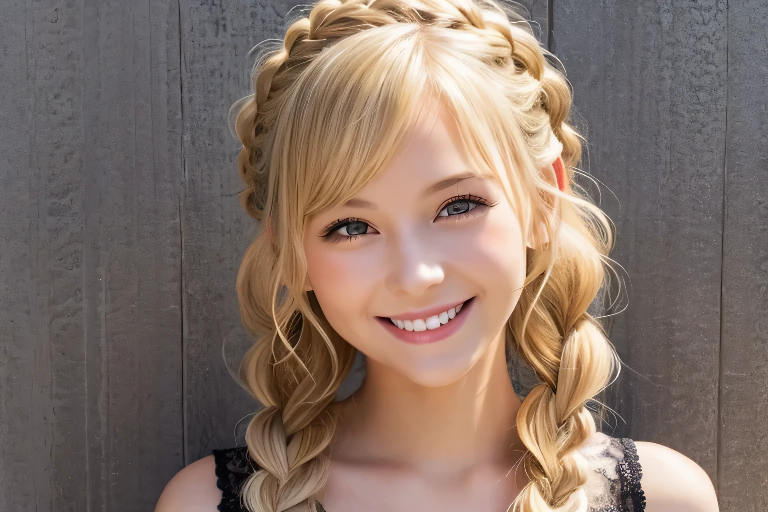 A blonde woman with a beaming smile, A shy smile, smileing nright, Cute Hairstyles,  A shy smile, Curly blonde hair, Braid, Gal, White women, Black lace dress