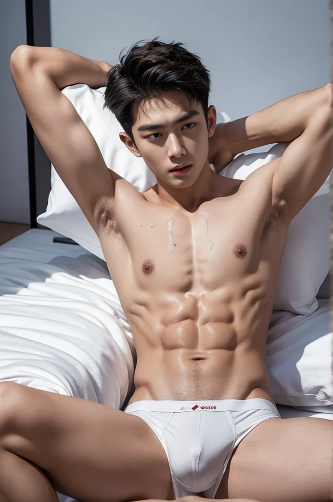Ultra photorealistic, 20 year old, handsome male model, handsome man, asian man, shirtless, on top of the bed, white briefs, full body, expression of orgasmic, cry, cumshot, cum on chest