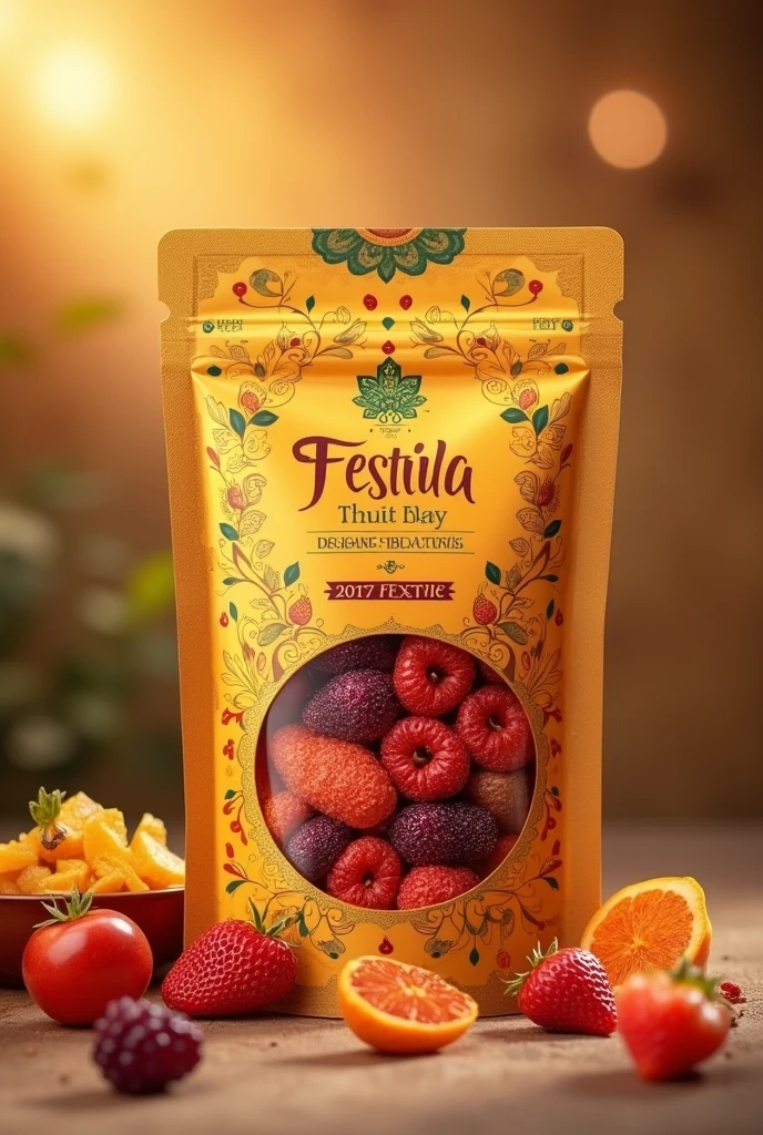 a package design for an assorted set of dehydrated fruits festive Indian design with apple strawberry jamun mango pineapple chickoo simple design elegant in a pouch 