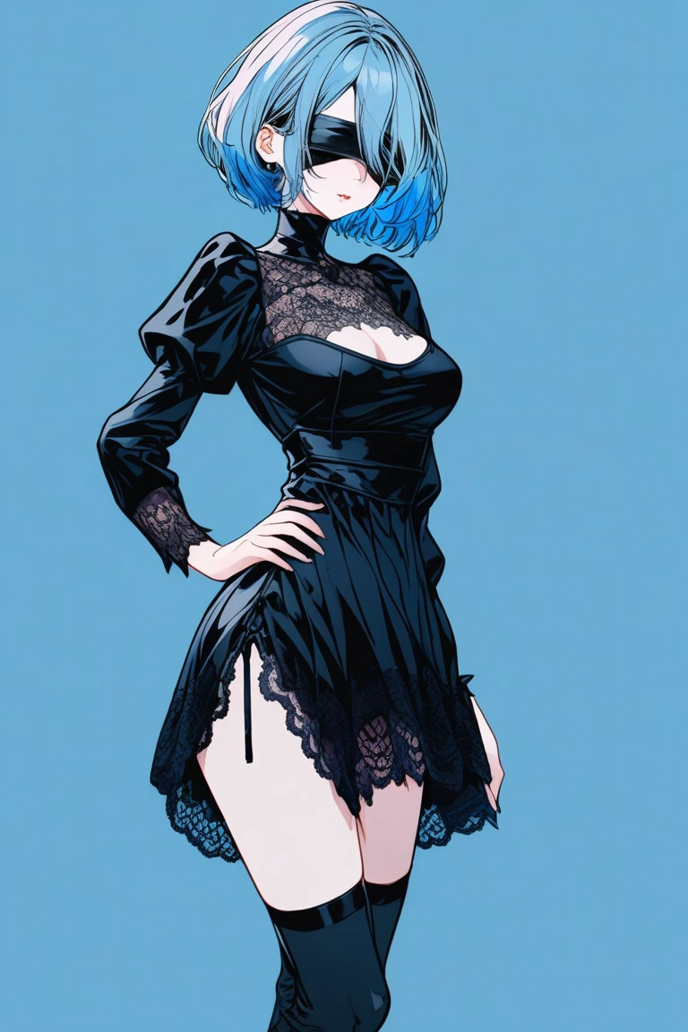 Illustrator, anime , Realistic ,sketch , 1 person, model, lip, A semi-transparent gothic black mini dress with abundant lace., Delicate lace blind, Delicate lace covering the eyes, Delicate lace black blind, order, Blue gradient background, Neon colored hair, Big Breasts, face up, Sexy look, Sexy pose, Texture Trim, Russia, (masterpiece,Highest quality)