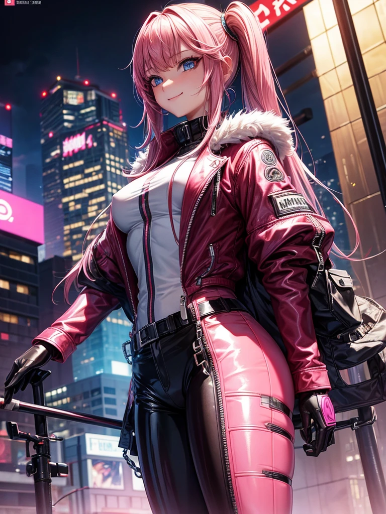 Best Quality，8k，middle School girls，Pink latex suit，Bodysuits，smile，Robot fighter，I'm grating my bangs，ＳＦ，Straight Hair，fur jacket，Hands in pockets，Leather pants，perfectionにまっすぐな髪型，Smooth hair，colorful hair colors，blue eyes，Standing posture，Cyberpunk Girl，Naughty，model，Absurd，Wearing，I&#39;m ，Naughty，masterpiece，perfection，smile，Long Hair，