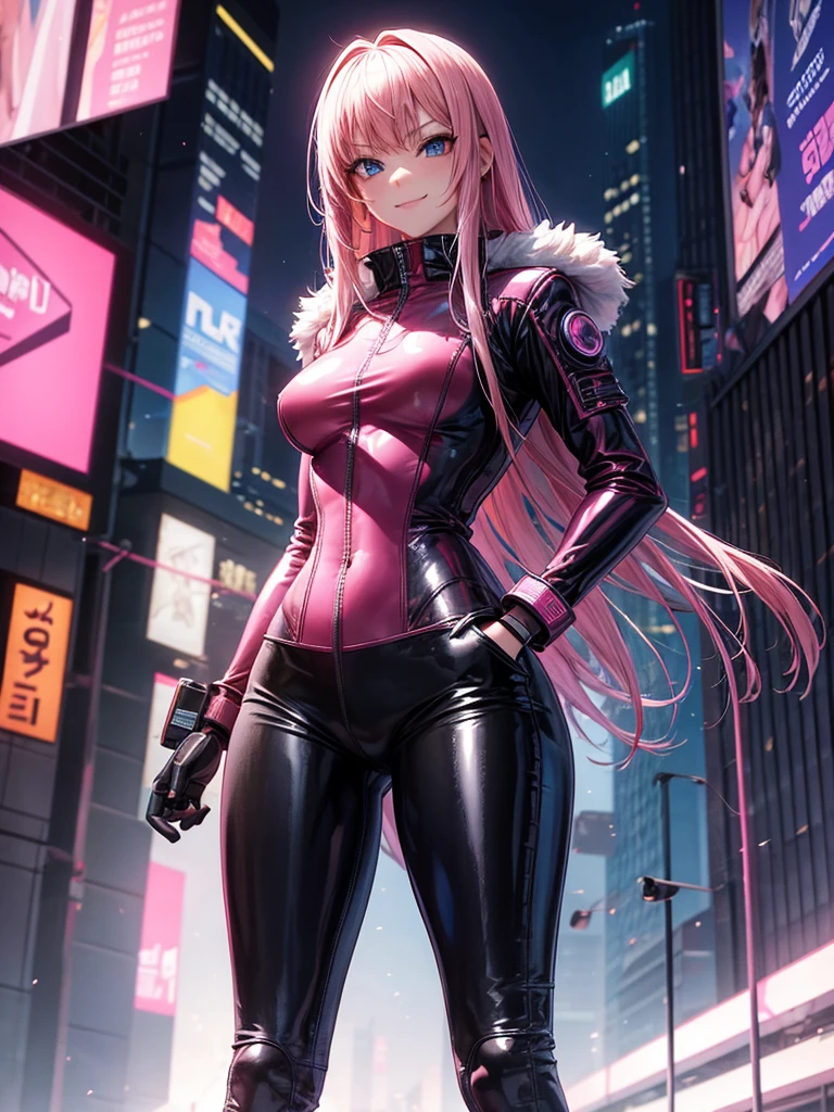 Best Quality，8k，middle School girls，Pink latex suit，Bodysuits，smile，Robot fighter，I'm grating my bangs，ＳＦ，Straight Hair，fur jacket，Hands in pockets，Leather pants，perfectionにまっすぐな髪型，Smooth hair，colorful hair colors，blue eyes，Standing posture，Cyberpunk Girl，Naughty，model，Absurd，Wearing，I&#39;m horny，Naughty，masterpiece，perfection，smile，Long Hair，