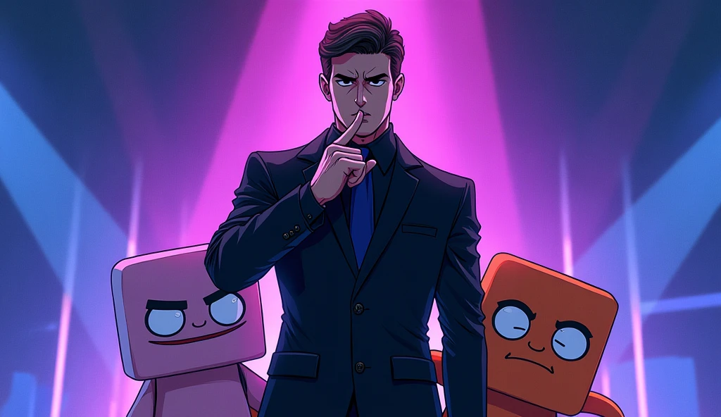 Create an anime-style image featuring three apps. The 'Blurrr' app is in the center, dressed in a black suit, striking a commanding pose with one finger on its lips, signaling the other two apps to be quiet. The 'CapCut' and 'Alight Motion' apps are shown in one corner, huddled together, appearing nervous and fearful, as if they are cornered. They should be large and prominent in the thumbnail. The faces of the apps should be simple squares or circles to allow for easy logo placement. Use a gradient background to highlight the central figure of the 'Blurrr' app and its intimidating stance."