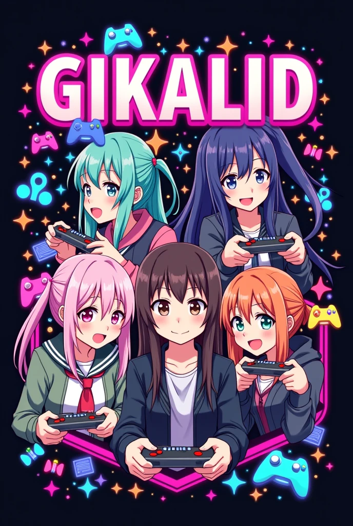 make a logo anime girls playing games and text GIKALID add more girls 3