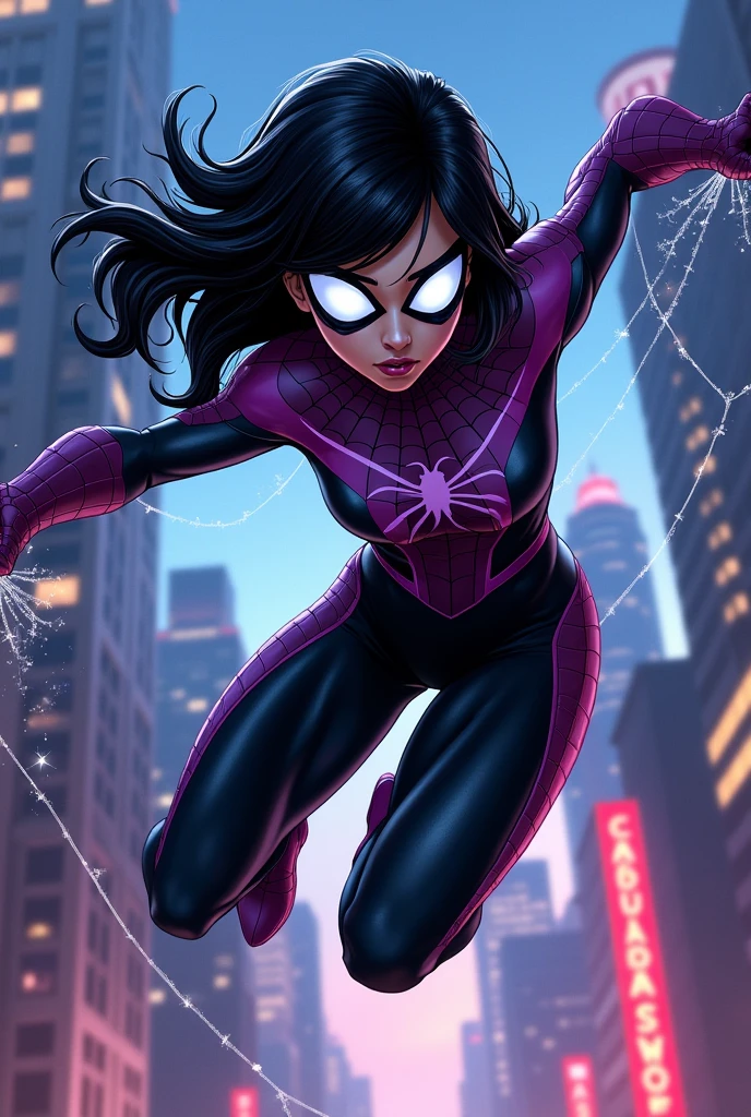 A Marvel comic book poster of a white-skinned girl named Spider-Woman. The girl has black hair with white front strands, blue eyes, and a black and purple costume.