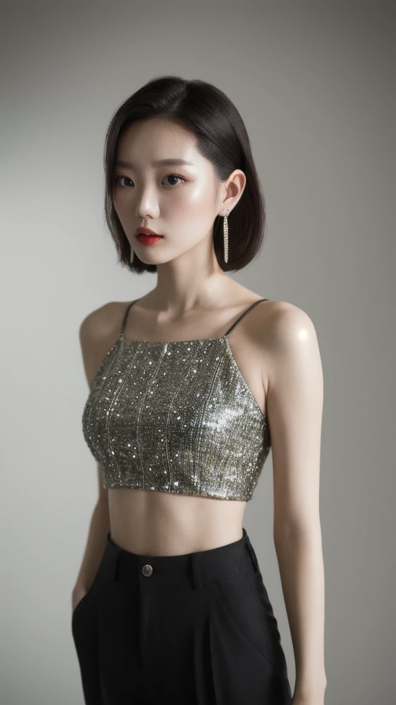 masterpiece, Highest quality, alone, One person, Glowing Skin, Earrings, glamorous, Whimsical details, Slicked back hair, Fascinating, Bare shoulders, Crop top, Long trousers, Shallow depth of field, Contrasting, Professional Model, Portraiture , The shot's perspective is from directly above.、The background is a world of random, mysterious, dramatic, and intense imagery.。