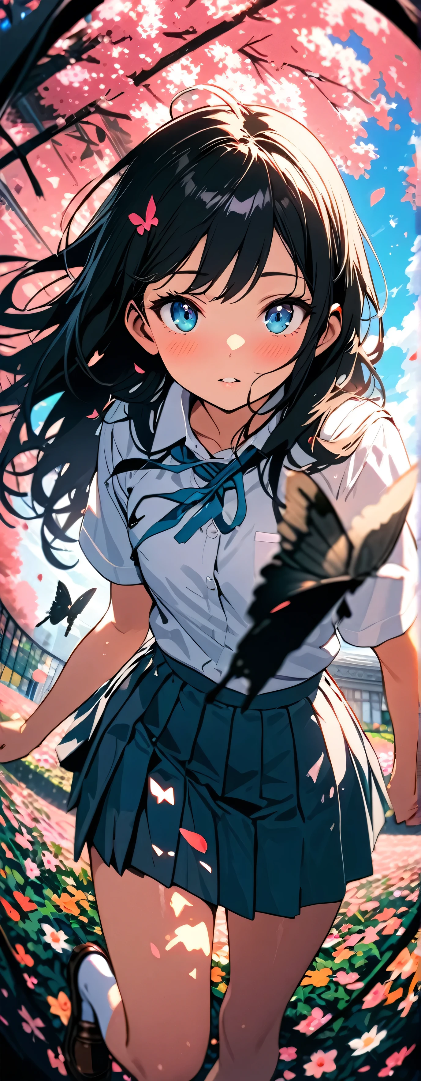 , (beautiful girl: 1.3),1girl,masterpiece, Highest quality, Ultra-high resolution,Rich contrast,super high quality,8k,Highly detailed CG unit wallpaper,texture,Incredibly absurd,Ultra-high resolution,RAW Photos,Depth of Field 1.2,from below,(fisheye),(High School Uniform&Pleated skirt:1.5),Black hair bun,Ultra-detailed eyes,(Sensual),Glowing Skin,loafers,butterflies in flowerbed,petals dancing in the wind