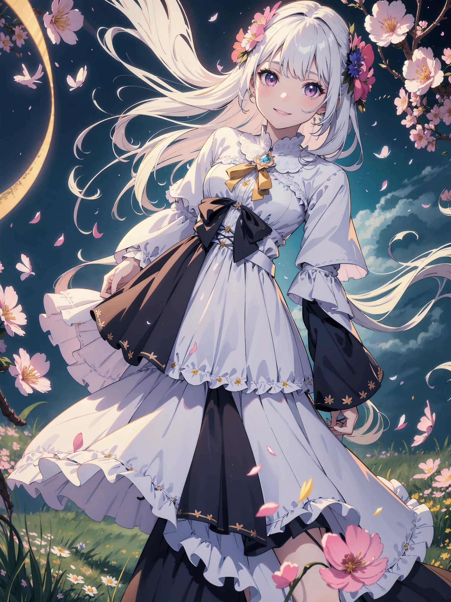 masterpiece, best quality, 1girl, (colorful),(delicate eyes and face), volumatic light, ray tracing, bust shot ,extremely detailed CG unity 8k wallpaper,solo,smile,intricate skirt,((flying petal)),(Flowery meadow) sky, cloudy_sky, moonlight, moon, night, (dark theme:1.3), light, fantasy, windy, magic sparks, dark castle,white hair