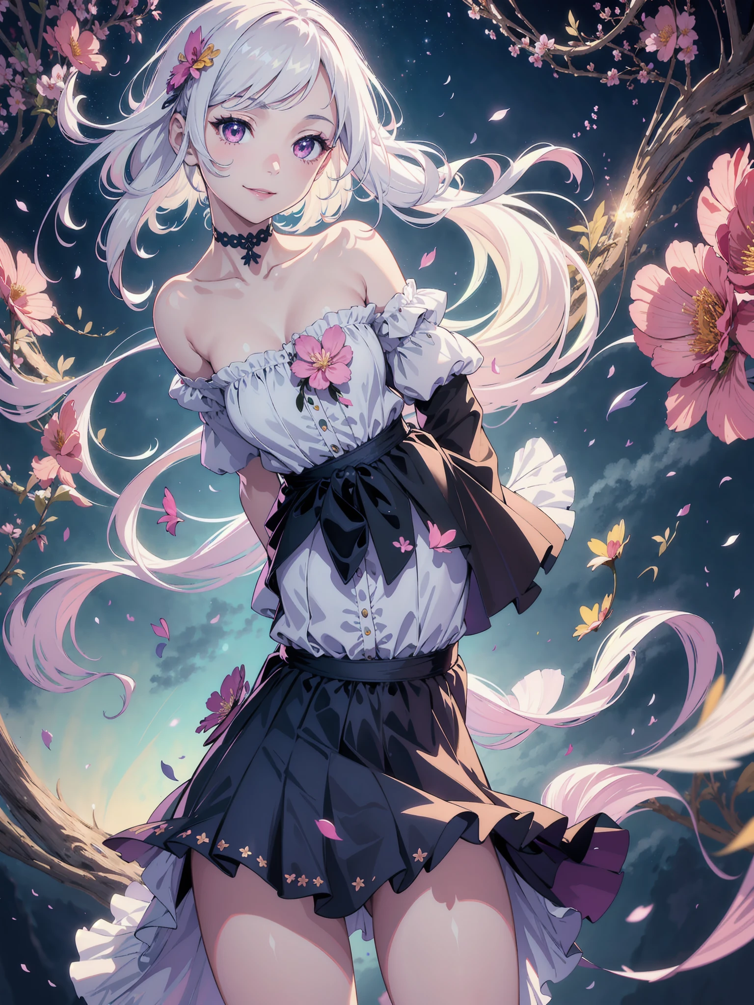 masterpiece, best quality, 1girl, (colorful),(delicate eyes and face), volumatic light, ray tracing, bust shot ,extremely detailed CG unity 8k wallpaper,solo,smile,intricate skirt,((flying petal)),(Flowery meadow) sky, cloudy_sky, moonlight, moon, night, (dark theme:1.3), light, fantasy, windy, magic sparks, dark castle,white hair