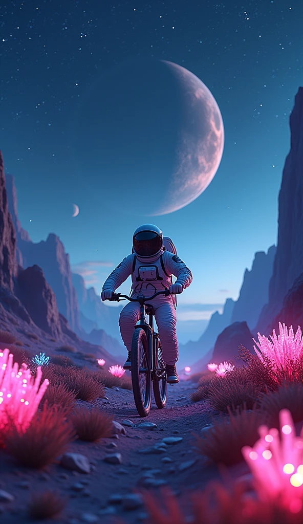 a realistic astronaut riding a bicycle on an alien planet, night, Sky full of colorful stars, full body shot, panoramic view, highly detailed, hyper realistic, 8k, high resolution, ultra-detailed, intricate details, cinematic lighting, dramatic shadows, otherworldly landscape, bizarre alien flora and fauna, towering mountains, strange glowing crystals, dramatic atmosphere, awe-inspiring scale, photorealistic, studio lighting, physically-based rendering, incredibly detailed, vivid colors, sharp focus, professional quality