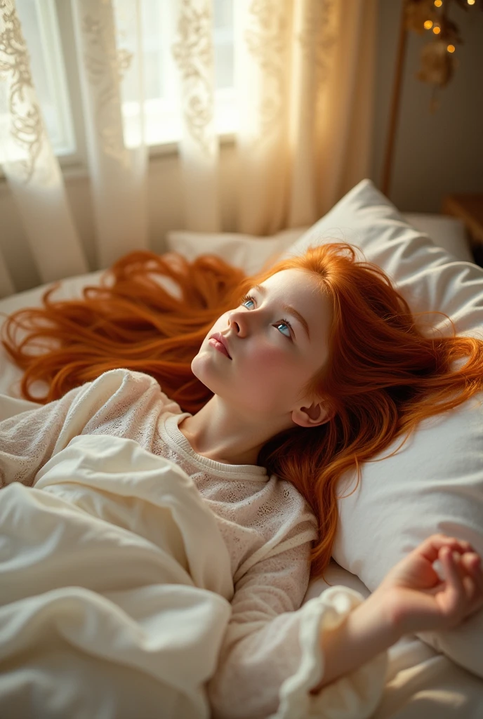 A girl with red hair and blue eyes lying on a bed without clothes