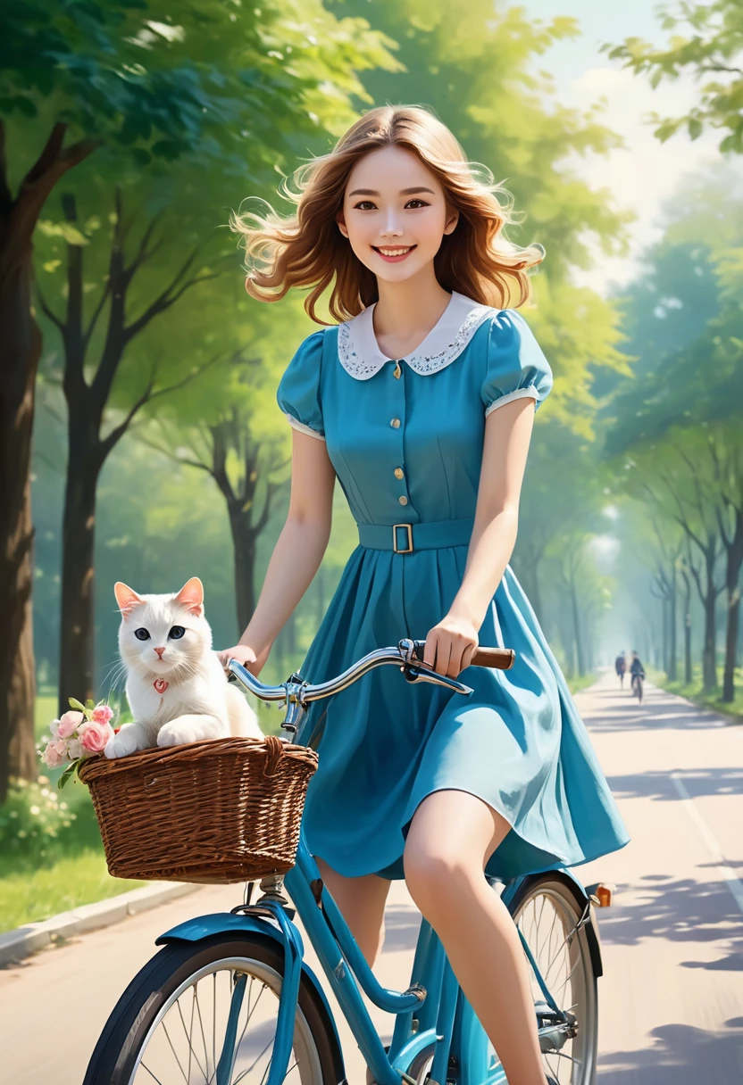 Oil painting style, ((masterpiece)), Oil painting style, Top quality, Painting, A teenage girl with flowing hair and pale and clear skin, a pretty and cute face with delicate features_Delicate eyes, delicate fingers, riding a vintage bicycle through a picturesque park. A Labrador Retriever and a cute cat in the bicycle basket accompany her, She is wearing a light summer dress fluttering in the wind, and her smile radiates joy and freedom as she pedals along the tree-lined road. 8K Ultra HD,