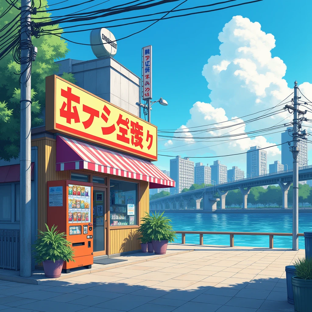 ((modern tokyo convenience store with a big vending machine outside: 1.3)) , ((camera facing the front of the store:1.2)), ((next to a river: 1.2)), detailed anime artwork, urban, tokyo anime scene, ((bright blue sky: 1.0)), extra detailed, very detailed, japanese shop banners, plant pots, trash cans, anime style, anime, lofi, lofi vibe, ((best quality:1.5)), ((masterpiece:1.5)), ((highly detailed:1.3)), ((anime aesthetic:1.2)), ((no one: 1.2)), ((no people: 1.2))
