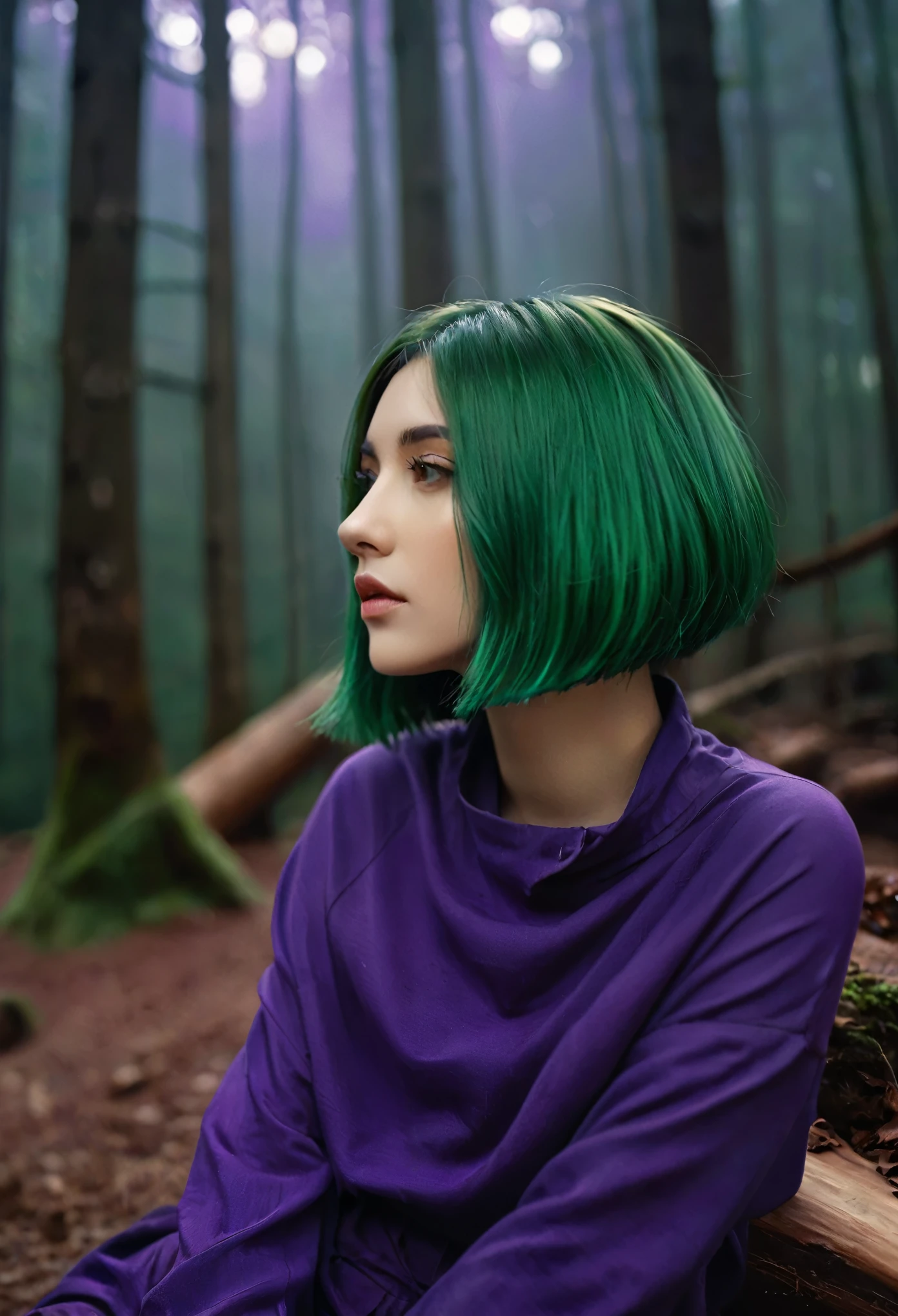 Latte 867, One girl, alone, (Forest Green Hair:1.2), Asymmetrical haircuts, (Purple clothes:1.2) masterpiece, Highest quality, photoRealistic, Realistic, (RAW Photos, 8K Ultra HD, Film Grain), Caustics, Scattered beneath the surface