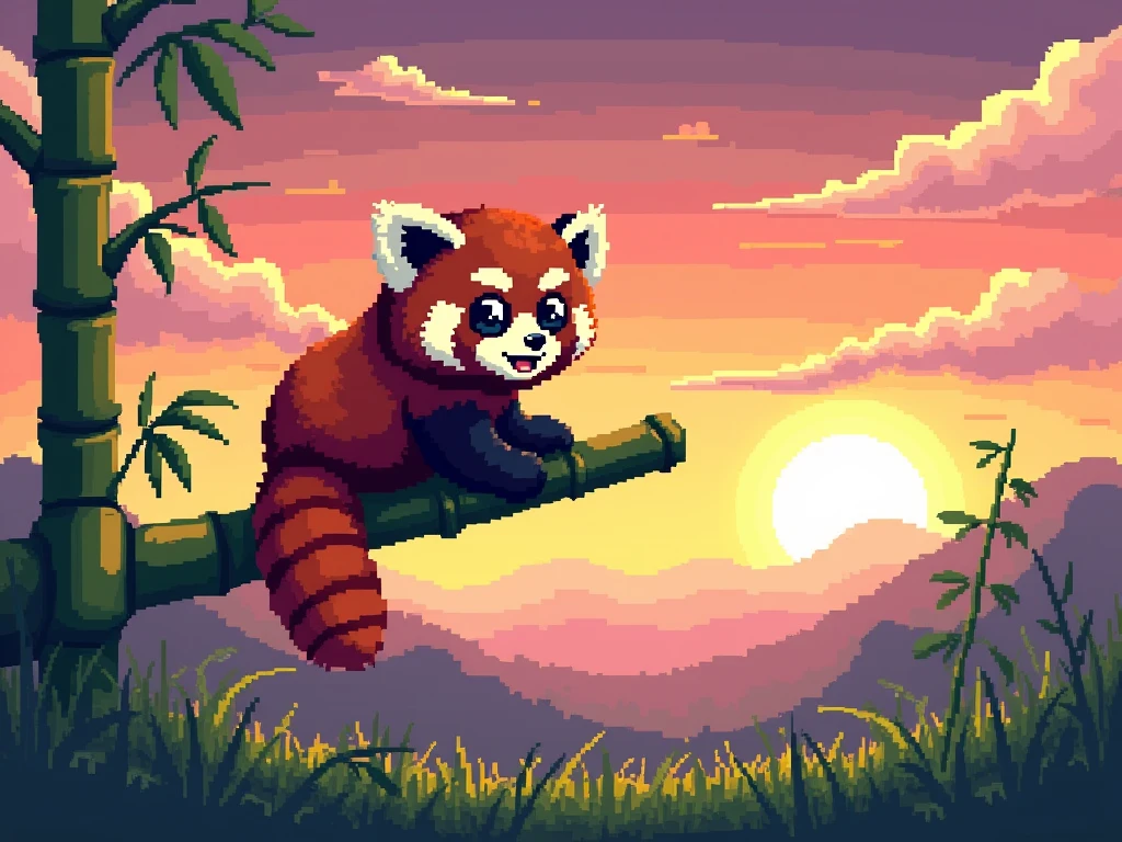 Create 8-bit pixel art with a red panda, sitting on a bamboo branch. Background - sunset with orange, pink and purple shades, with clouds. Below - green grass. Use a palette of 16 colors. The panda should look cute and fluffy, with big eyes. Add some bamboo shoots to it, Hanging from a branch.