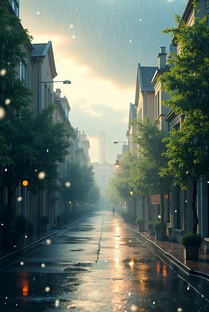 An image of a cityscape or nature scene during a light rain shower, with the sky slightly overcast and sunlight filtering through the clouds. Overlay subtle graphics of cryptocurrency symbols like Bitcoin, Ethereum, and Solana raining down like droplets, blending naturally into the scene