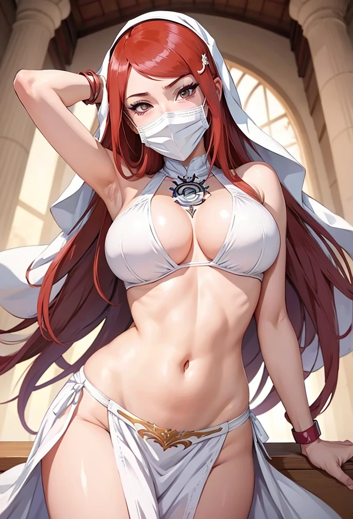 a woman in a white dress and a mask on her face, anime goddess, seductive anime girl, white loincloth, beautiful alluring anime woman, ahegao, scales covering her chest, top rated on pixiv, beautiful goddess, female anime character, kushina uzumaki fanart, ahegao face, anya from sexy dancer, r /art, r / art, masterpiece best quality photograph 8k, long hair, red hair, best quality, high resolution, ultra detailed 