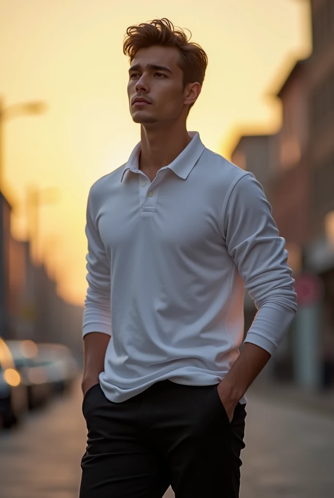 I man with young looking face but mature at the same time with his middle part hair pair with his long sleeved polo and black trouser pants and tall, handsome about 19 of age maybe 6foot tall, white skin, flawless skin