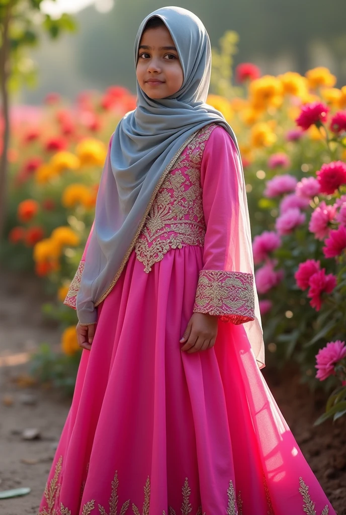 A hyderabadi girl very fair skin wearing hot pink garara with grey hijab her front hair is showing, she is wearing pink heels. There is flowers in the background. Her eyebrows are arched and she had apple cheeks.