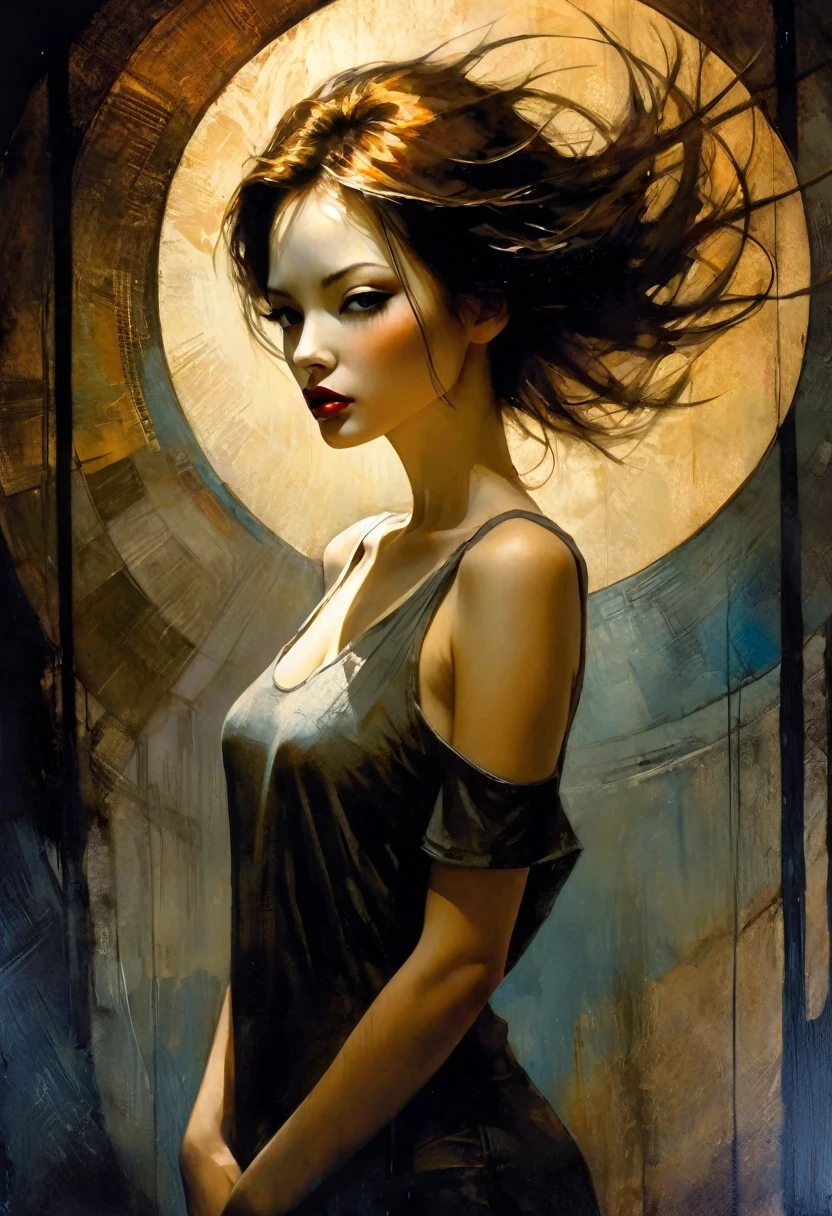 slim, sexy girl, with a very sexy dress, very long brown hair, Korean features, loose t-shirt, short jeans,eroticism, sexy, black and white image, between shadows, oil painting, chiaroscuro, sensual, dramatic lighting, moody atmosphere, photorealistic, intricate details, masterpiece, ultra-detailed, high quality, 8k, best quality, realistic, cinematic, dark and brooding, expressionistic, powerful composition, emotional impact,(best quality, 4k, 8k, high resolution, masterpiece: 1.2), ultra-detailed, (realistic, photorealistic, photorealistic: 1.37), details intricate, vivid colors, sharp focus, professional, Dave McKean artwork, surrealism oil touch, oil painting style, portrait, woman, beautiful detailed eyes, beautiful detailed lips, dreamy atmosphere, shadow play, lighting soft, fun pose, dark tones, ethereal background, fantasy elements, texture, layered composition.art inspired by Bill Sienkiewicz and Dave McKean