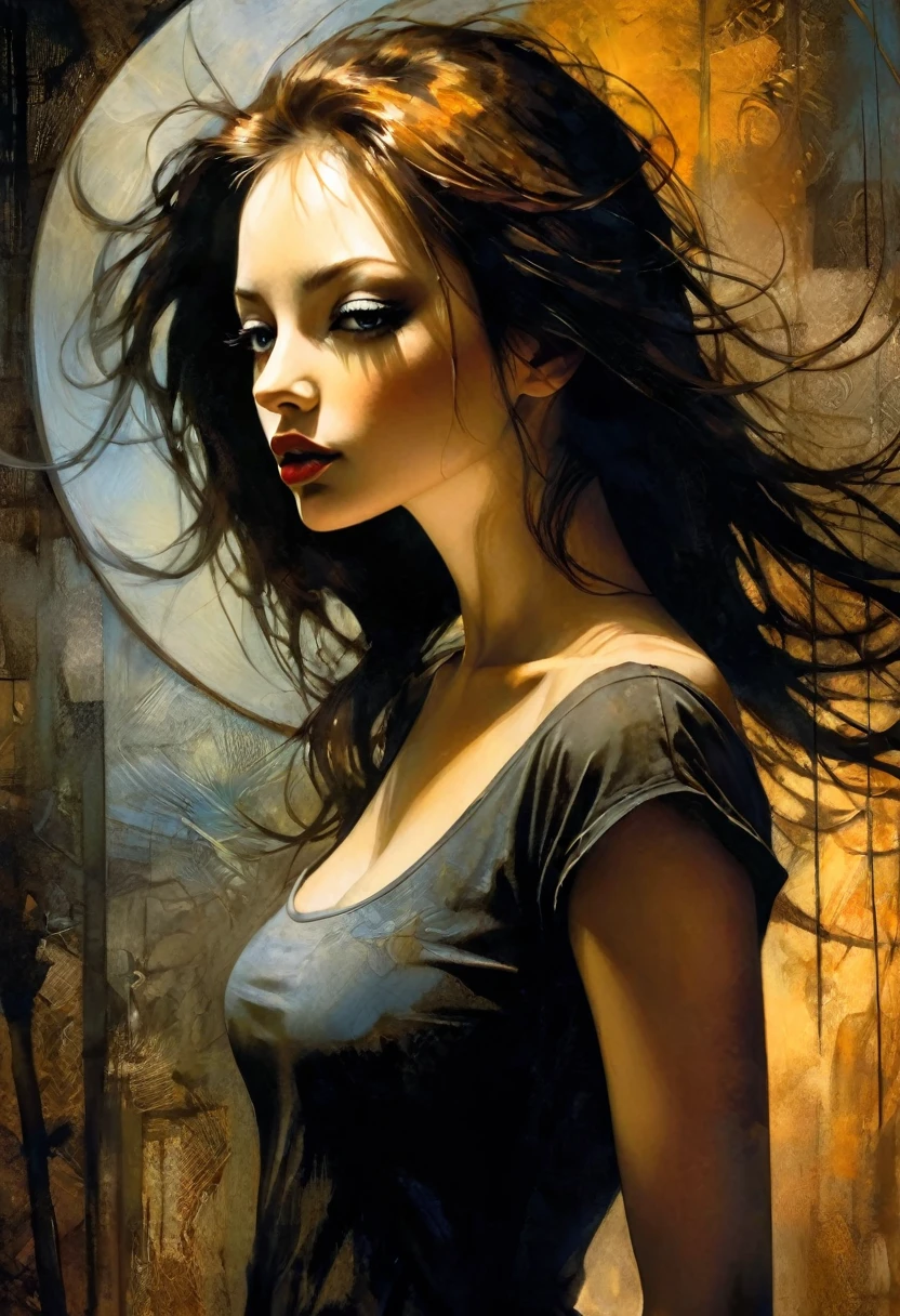 slim, sexy girl, with a very sexy dress, very long brown hair, Korean features, loose t-shirt, short jeans,eroticism, sexy, black and white image, between shadows, oil painting, chiaroscuro, sensual, dramatic lighting, moody atmosphere, photorealistic, intricate details, masterpiece, ultra-detailed, high quality, 8k, best quality, realistic, cinematic, dark and brooding, expressionistic, powerful composition, emotional impact,(best quality, 4k, 8k, high resolution, masterpiece: 1.2), ultra-detailed, (realistic, photorealistic, photorealistic: 1.37), details intricate, vivid colors, sharp focus, professional, Dave McKean artwork, surrealism oil touch, oil painting style, portrait, woman, beautiful detailed eyes, beautiful detailed lips, dreamy atmosphere, shadow play, lighting soft, fun pose, dark tones, ethereal background, fantasy elements, texture, layered composition.art inspired by Bill Sienkiewicz and Dave McKean