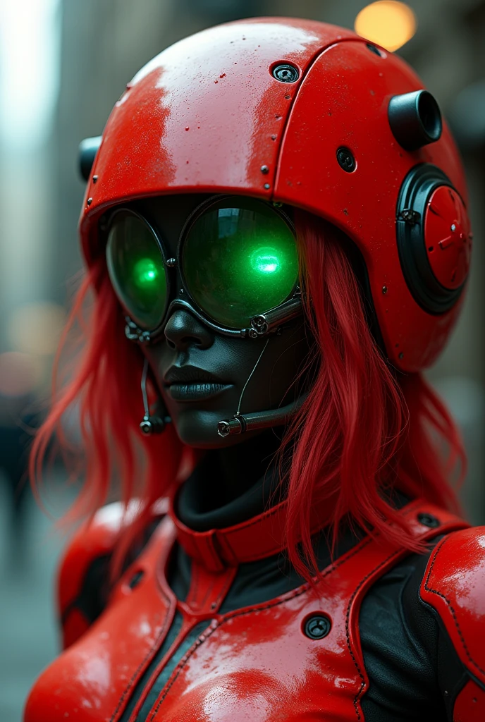 Cyborg red hat with green and red-haired cybernetic eyes