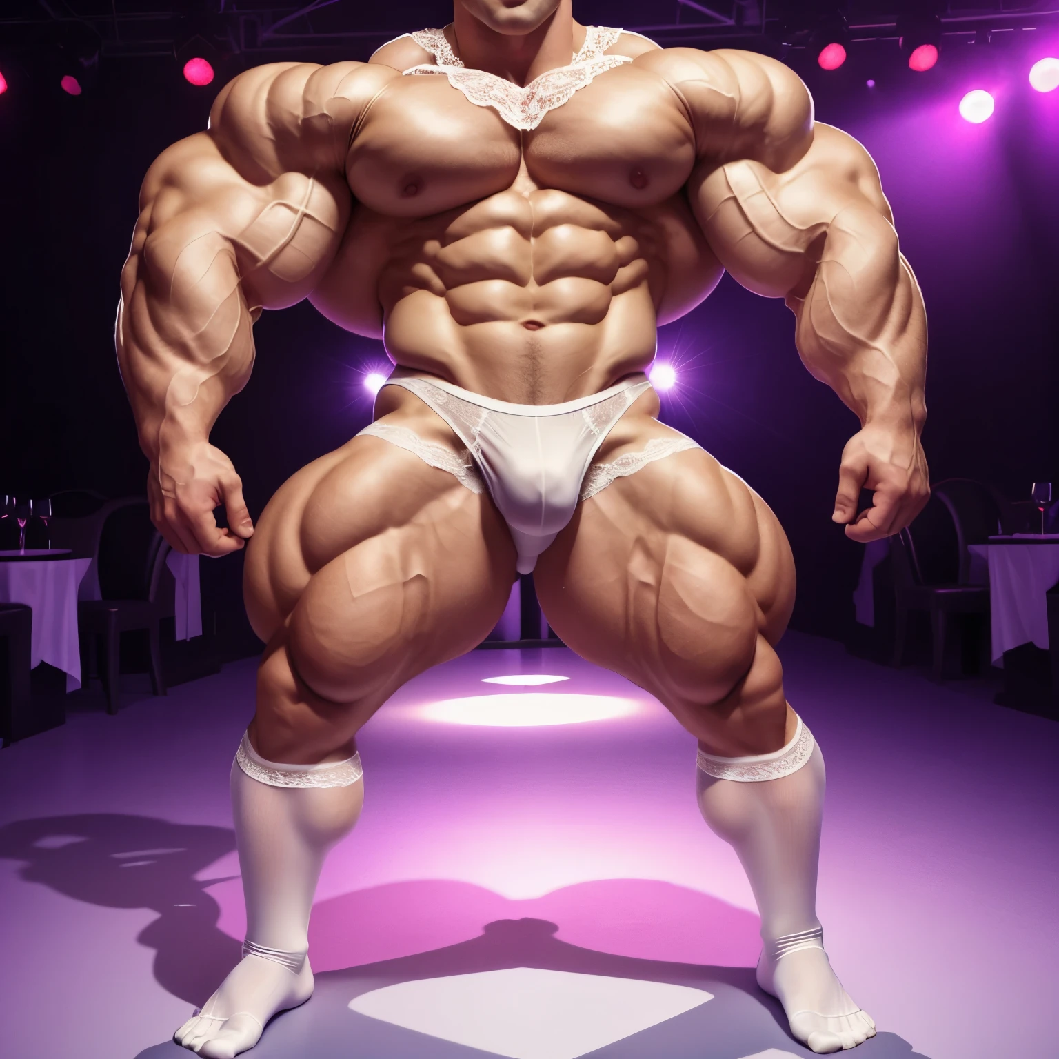 full body view, a professional white european handsome male bodybuilder in transparent white sheer lace underwear and white sheer lace socks, no shoes, posing in a nightclub. erotic pose. aroused