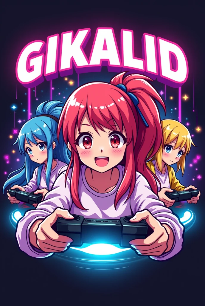 Make a logo of an anime girl playing games and the text GIKALID. Add 3 more girls for the template.