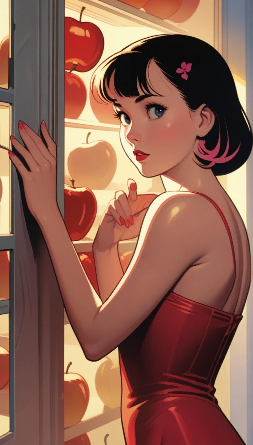 A close-up of a woman in a red dress , blue and yellow looking inside a refrigerator., Snow White, Art Style : Ilia Kuvshinov, artgerm and Ilia Kuvshinov, Ilia Kuvshinov. 4k, adam hughes, Betty Cooper, ( Ilia Kuvshinov ), inspired by Ross Tran, In the style of Ross Tran,