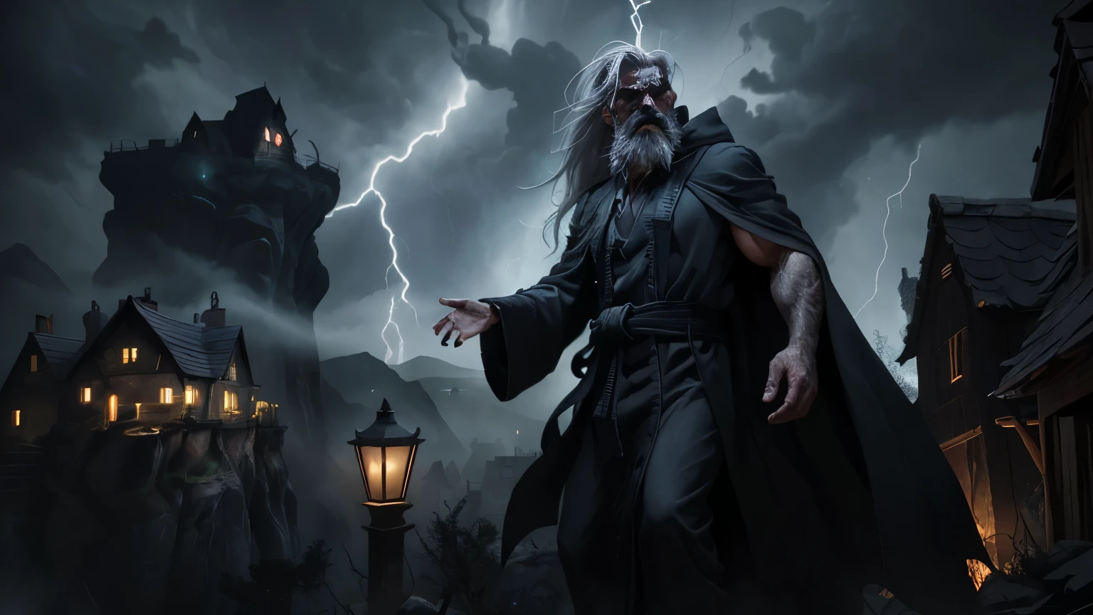 An old,(menacing sorcerer with long grey hair and grey beard), a dark robe, and glowing eyes stands on a high cliff overlooking a terrified village. The sky above is stormy with dark clouds swirling and crackling with lightning. Ghostly spirits hover menacingly in the air around him, drifting toward the village below. The sorcerer, with his hands raised, looks powerful and sinister as the villagers run in fear from the unleashed storms and spirits (detailed face) (ultrarealistic) (8k, best quality)