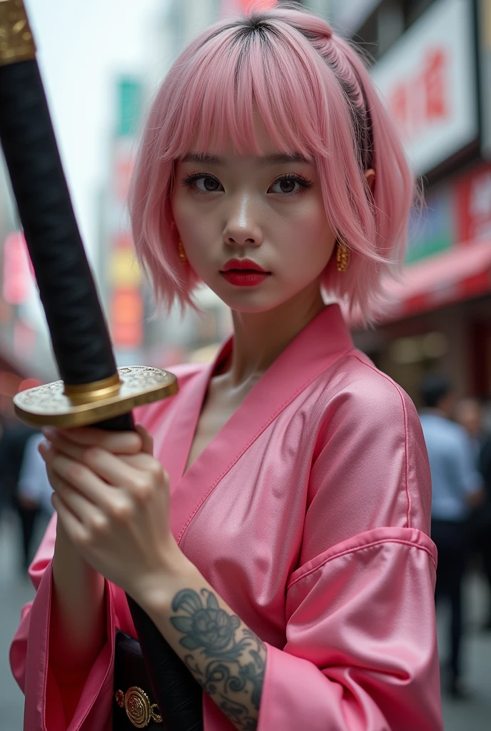 Beautiful Chinese woman, (), cute face, red lips, white moisturized skin, moles, (under-eye bags),
BREAK,
Feminine body with high athletic ability, Body of a female fitness model, Feminine body with hard tones, (Muscles: 1.2), (Beautiful belly button),
BREAK,
Fighter, Kung Fu fighter, Idol, (Yakuza), (Yakuza),
BREAK,
(Wearing a cute dark pink kimono: 1.3), (Kimono with high exposure), (Stiletto heels, long boots 1.3), necklace, very large earrings, short length,
BREAK,
Short hair, (Short bob hair), (Bangs: 1.2), (Pink hair: 1.3), (Wavy hair),
BREAK,
(Very large Japanese sword: 1.4), (Holding the handle of a Japanese sword: 1.3), (Fighting: 1.2), (Getting into a fighting stance), (Beautiful blade of a Japanese sword: 1.2)
BREAK,
(Japanese tattoo: 1.4),
BREAK,
Masterpiece, Perfect lighting, Ultra high resolution, 8K, (Very detailed: 1.4), (From the front), Looking at the camera, Melancholic expression,
BREAK,
(Tokyo city, lots of people in the background: 1.2), City background in Shibuya, Tokyo, Japan,