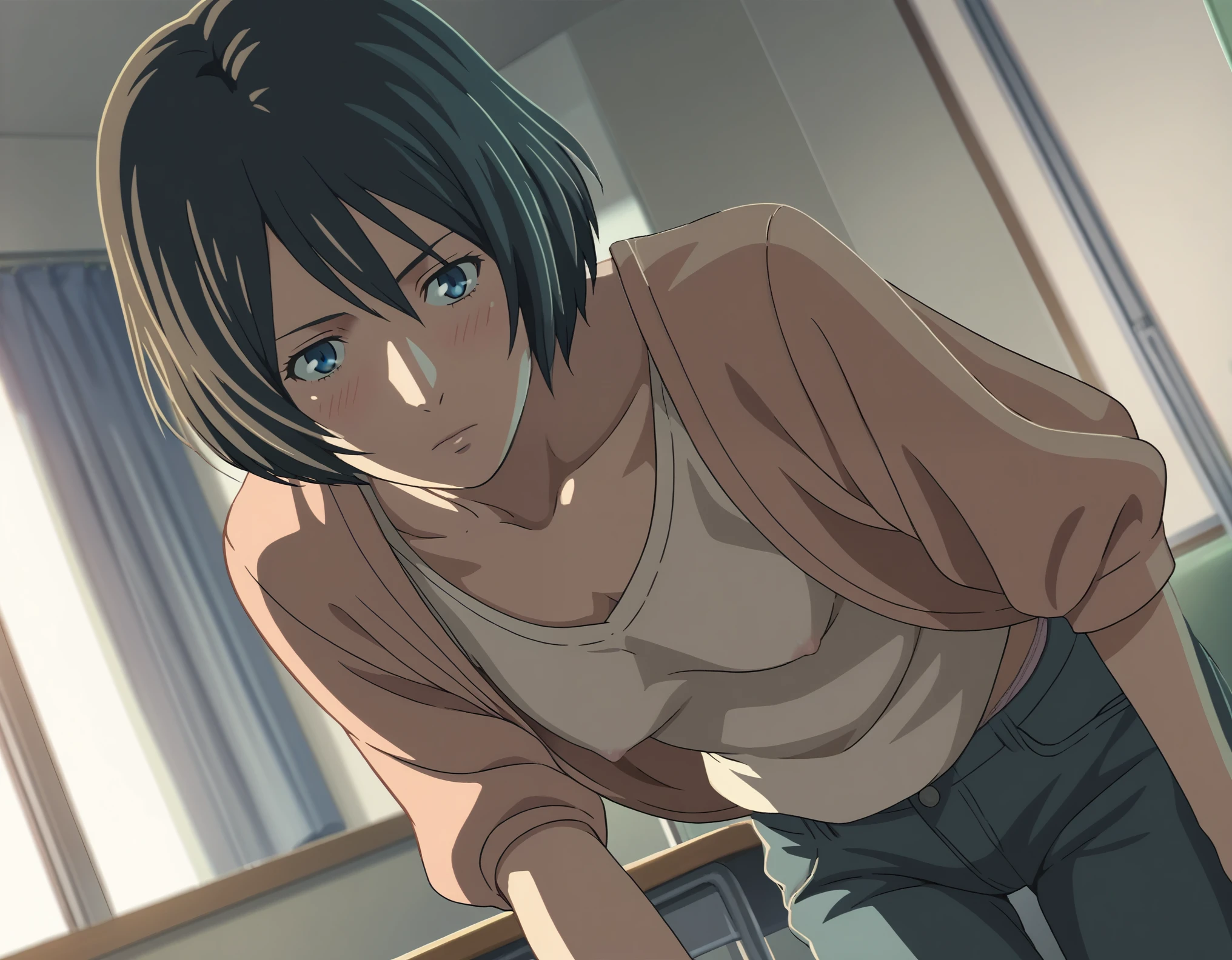 score_9, score_8_up, score_7_up, source_anime,
yukariyukino, yukari yukino, short hair, black hair, detailed blue eyes, hair between eyes,(( perfect eyes )), Perfect face, expressive eyes,
(show off breast), ((undress clothes)), detailed nipples,  panties, undress pants,
indoors, school, realistic school, on side, blush, 
cowboy shot, looking at viewer, solo, dutch angle,