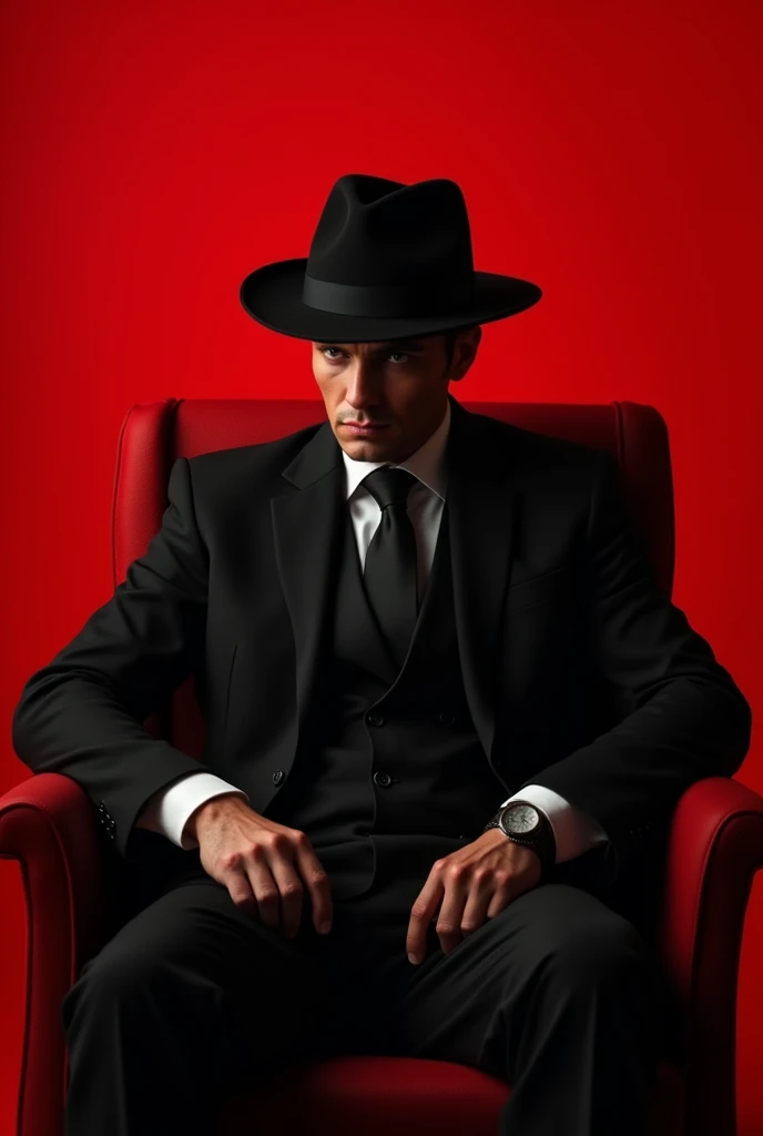  man in black suit, bonitas, in black hat, DETAILED MOUTH AND DETAILED EYES, without hair/scrached, sitting down, RED AND EMPTY FUND