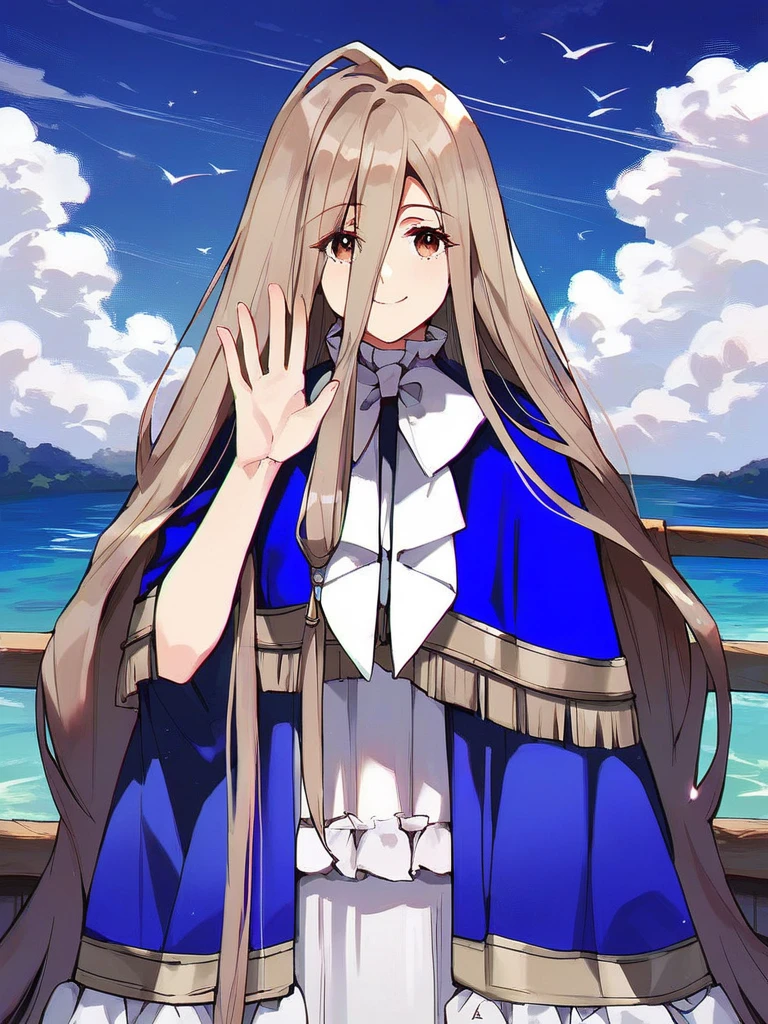 score_9, score_8_up, score_7_up, score_6_up, 1girl, sense \(sousou no frieren\),brown eyes,very long hair,absurdly long hair,hair between eyes,eyes visible through hair, blue capelet,frilled dress,white long dress, detailed, source_anime, cute smile, waving at you, in a peaceful lake background, mid day